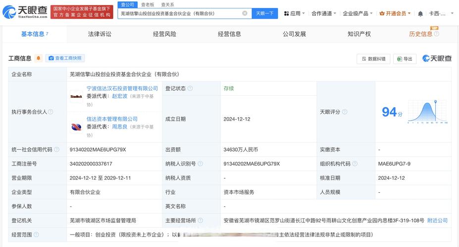 创投基金】天眼查app显示,芜湖信擎山投创业投资基金合伙企业日前成立